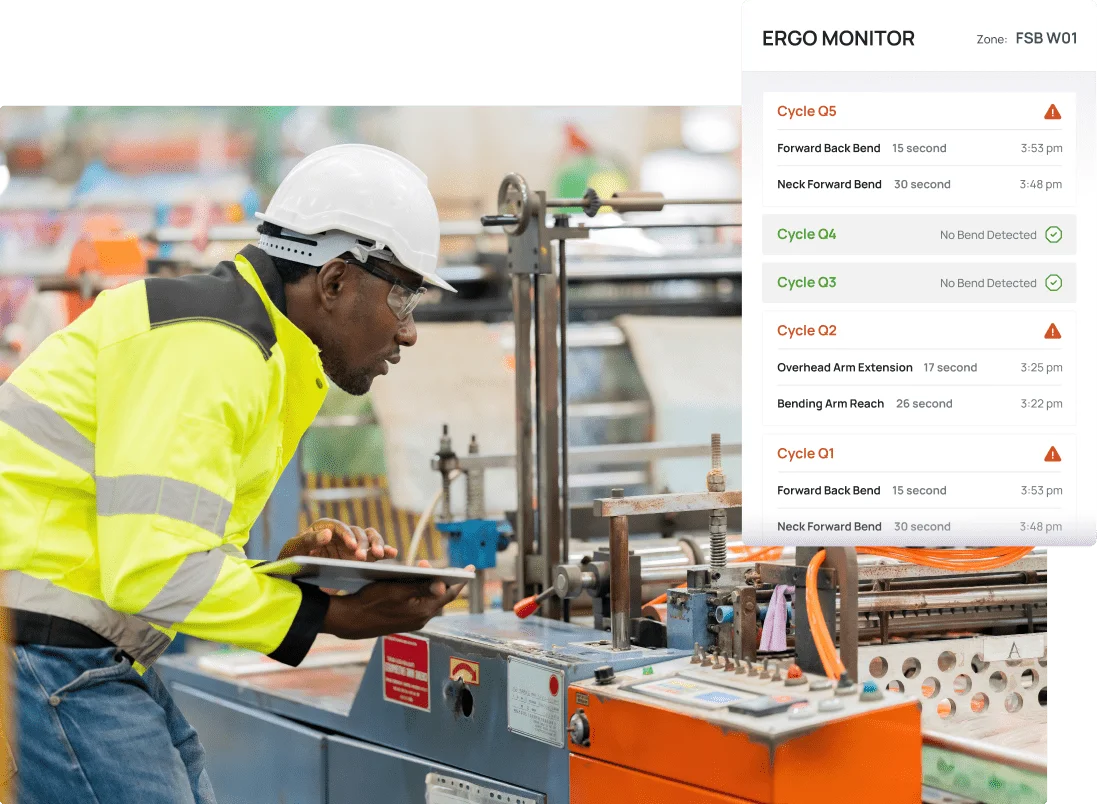 Ergonomics monitor tracking human body joints on factory floor